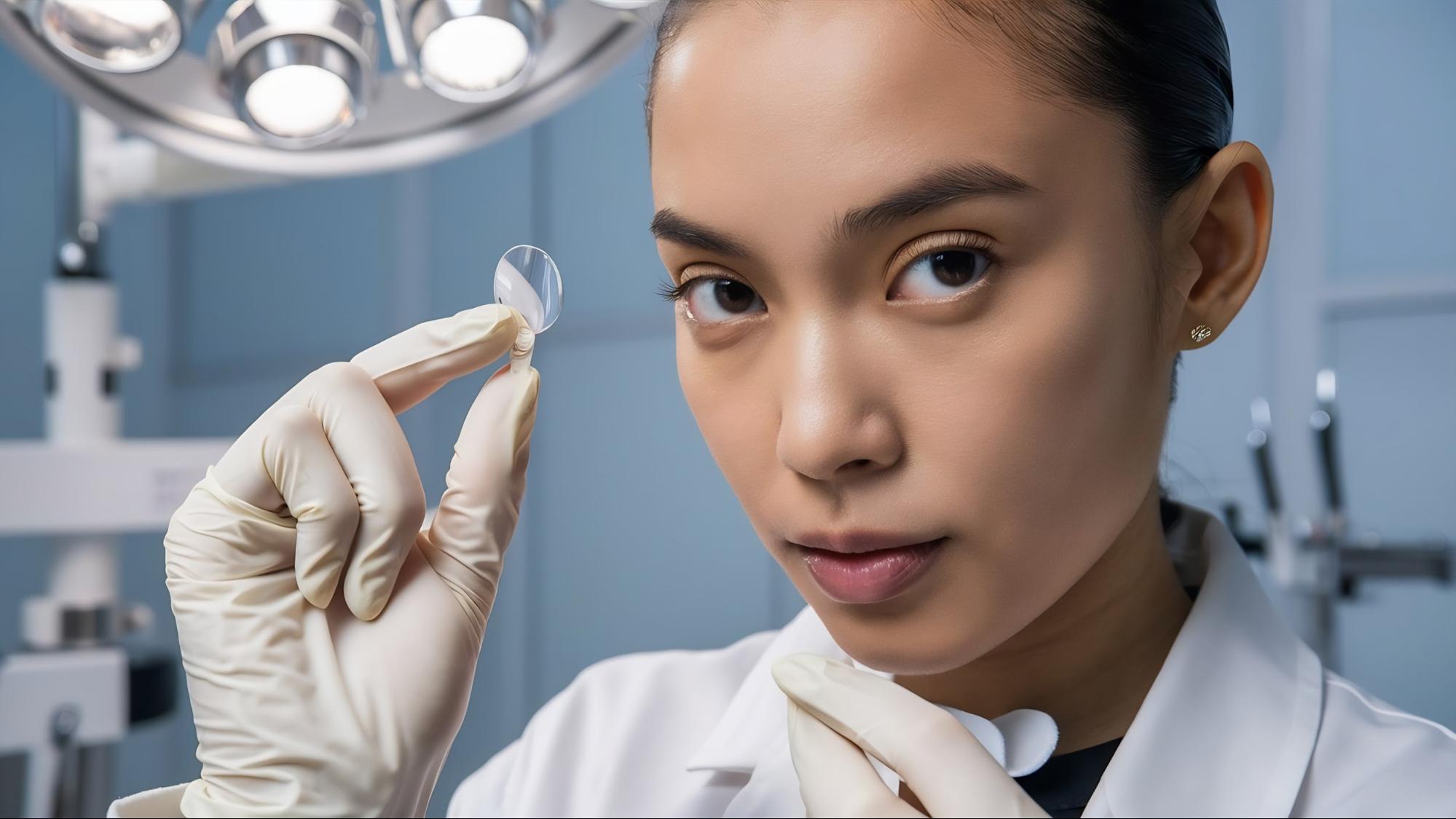 Eye specialist wearing gloves holding an implantable contact lens between fingers, highlighting precision in ICL eye surgery preparation.