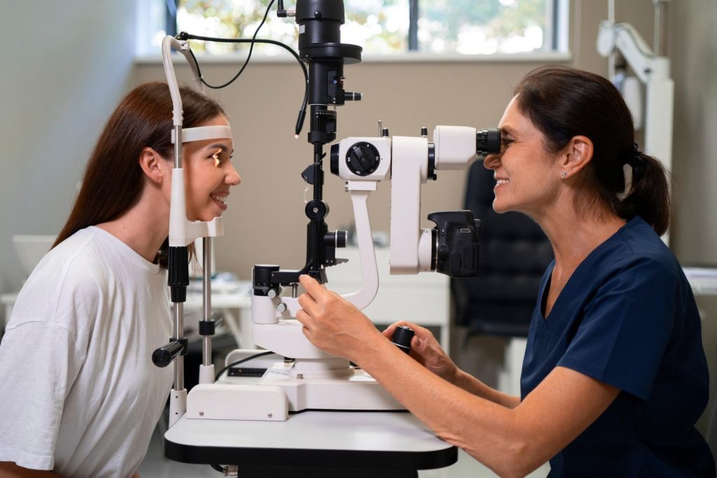Eye specialist performing a detailed eye exam to evaluate refractive lens exchange success rate compared to LASIK outcomes.