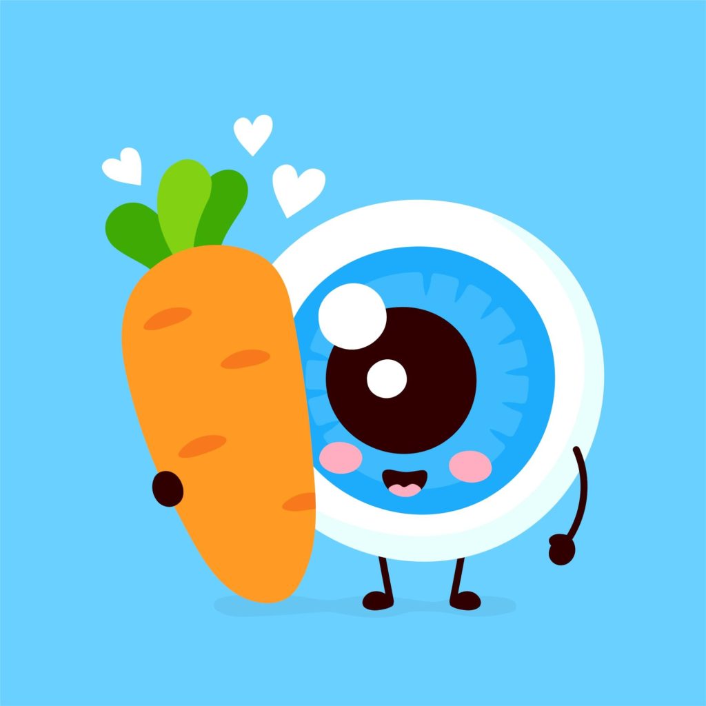 Cute cartoon eye holding a carrot, promoting eye health and awareness about what eye floaters are and how to prevent vision issues.