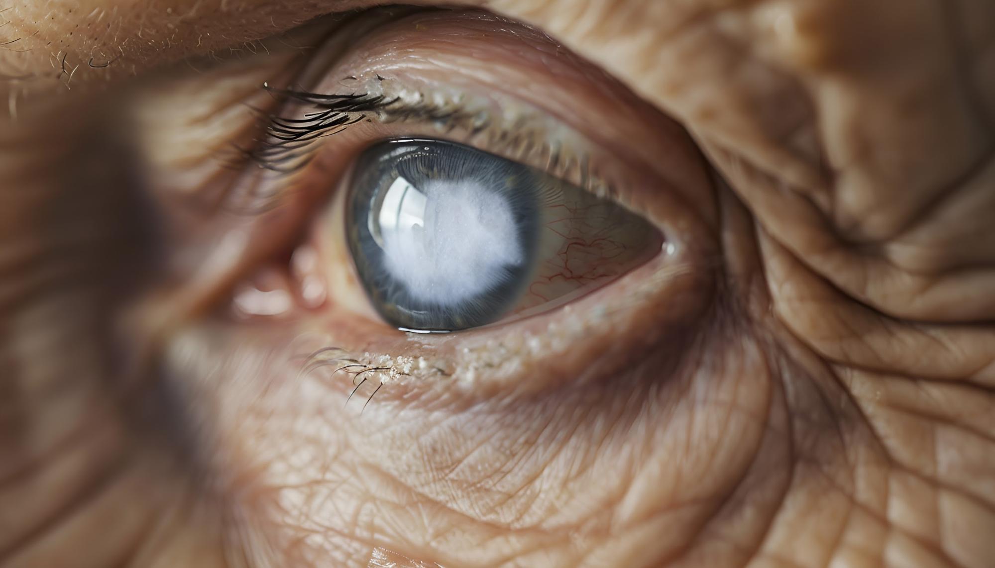 Close-up of an eye with cataract symptoms showing what cataracts look like in detail
