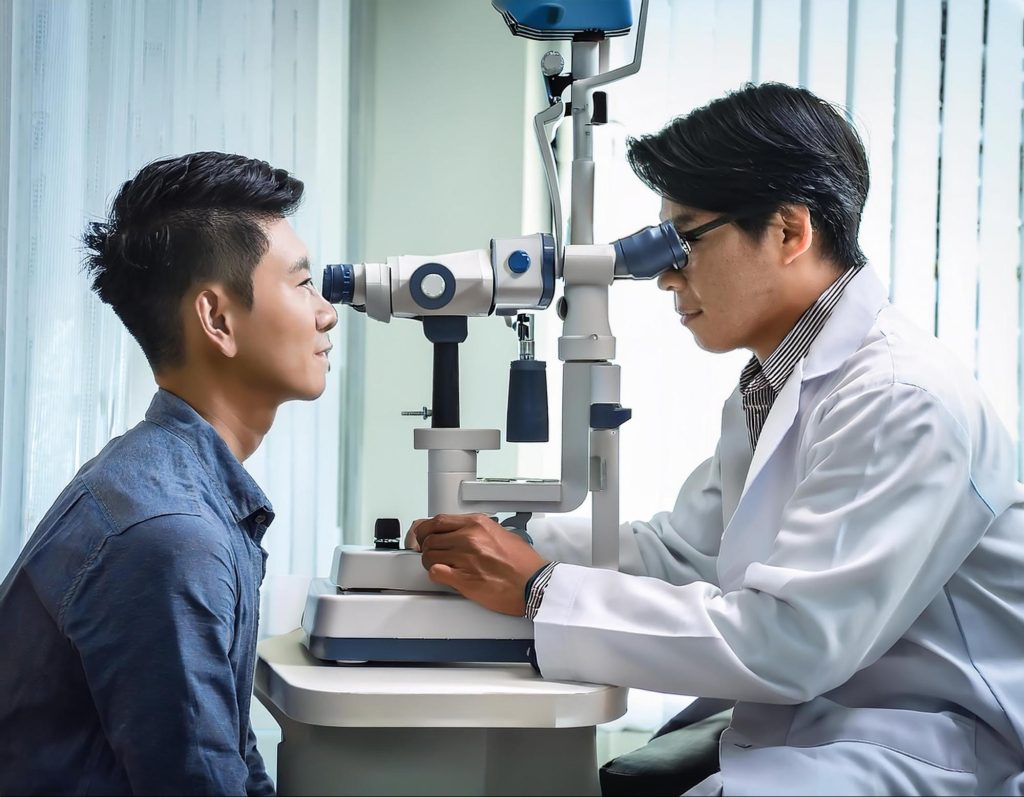 Eye specialist examining a patient’s eyes using advanced equipment, a crucial step in diagnosing and treating eye floaters.