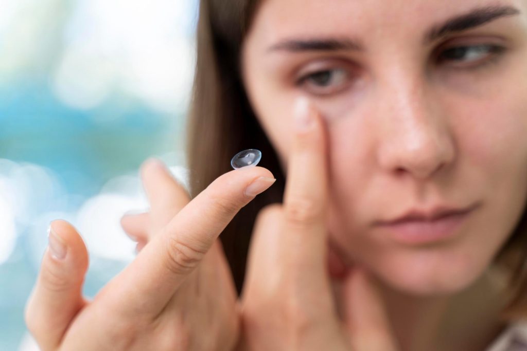 Woman inspecting a contact lens, an item that can contribute to pink eye if not cleaned properly.