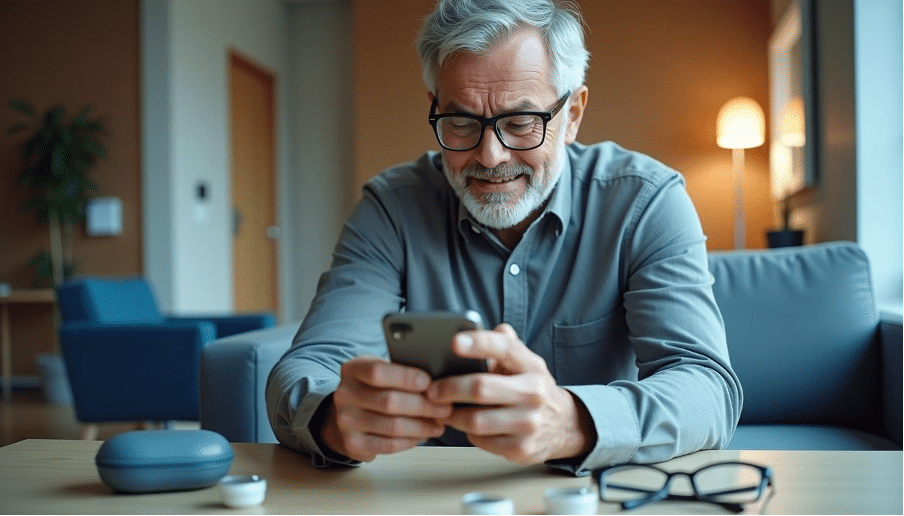 an old man with presbyopia uses device comfortably