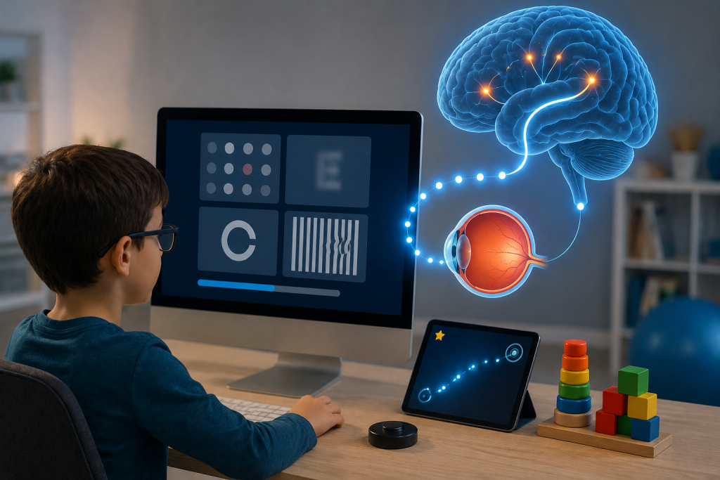A boy wearing glasses looks at a computer screen showing vision test patterns, with a glowing diagram of the eye and brain, a tablet, and toy blocks on the desk beside him