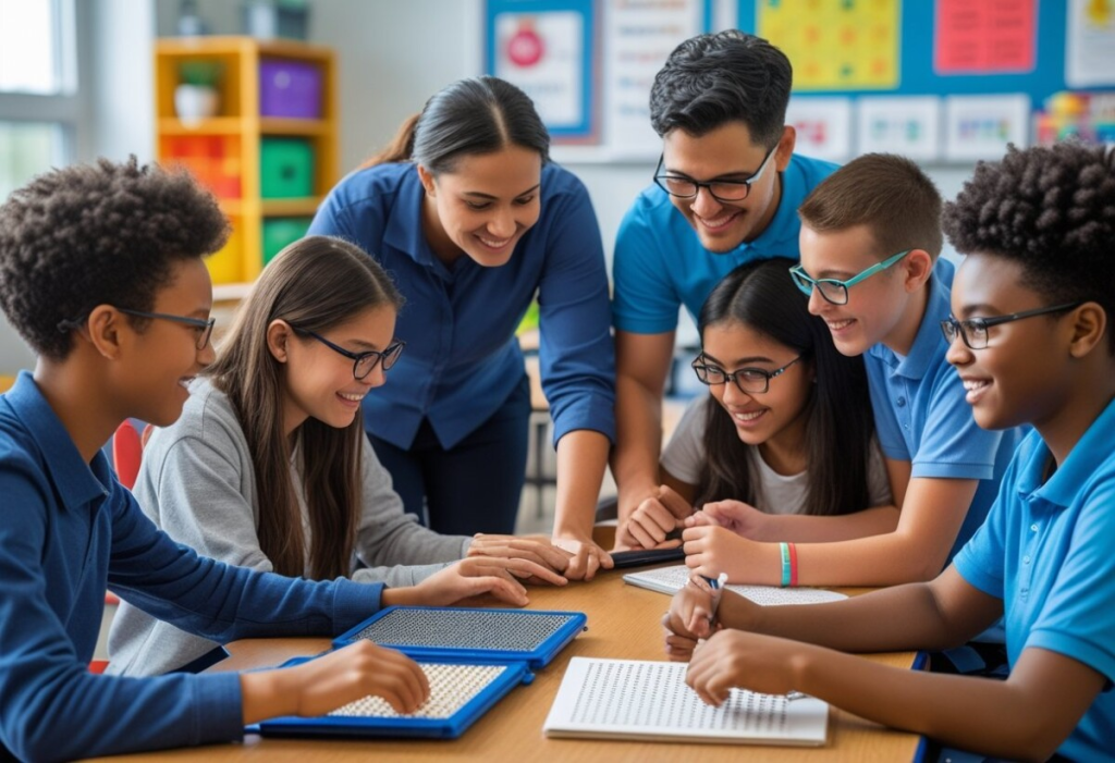 A teacher leans in smiling as a group of students, most wearing glasses, gather around a table working together in a classroom