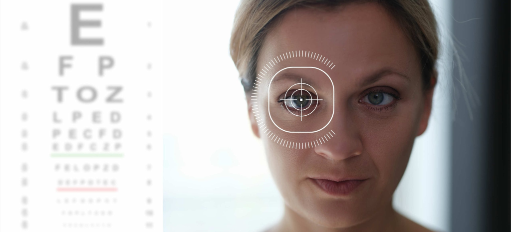 A woman's face is shown with a digital targeting graphic over one eye, next to a blurred eye chart, representing a vision assessment