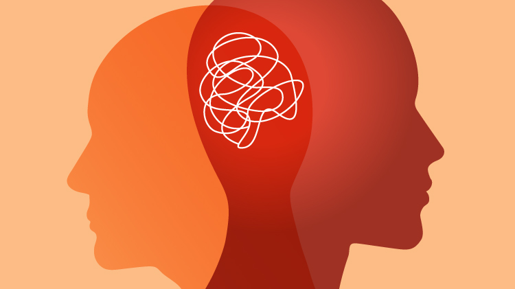 Two overlapping head silhouettes face opposite ways, with a tangled scribble inside representing confusion