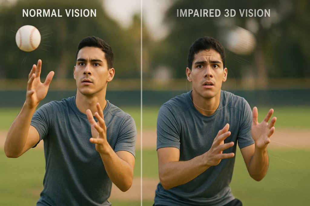 a man catching a baseball with normal vision versus impaired 3D vision, showing how depth perception affects catching accuracy