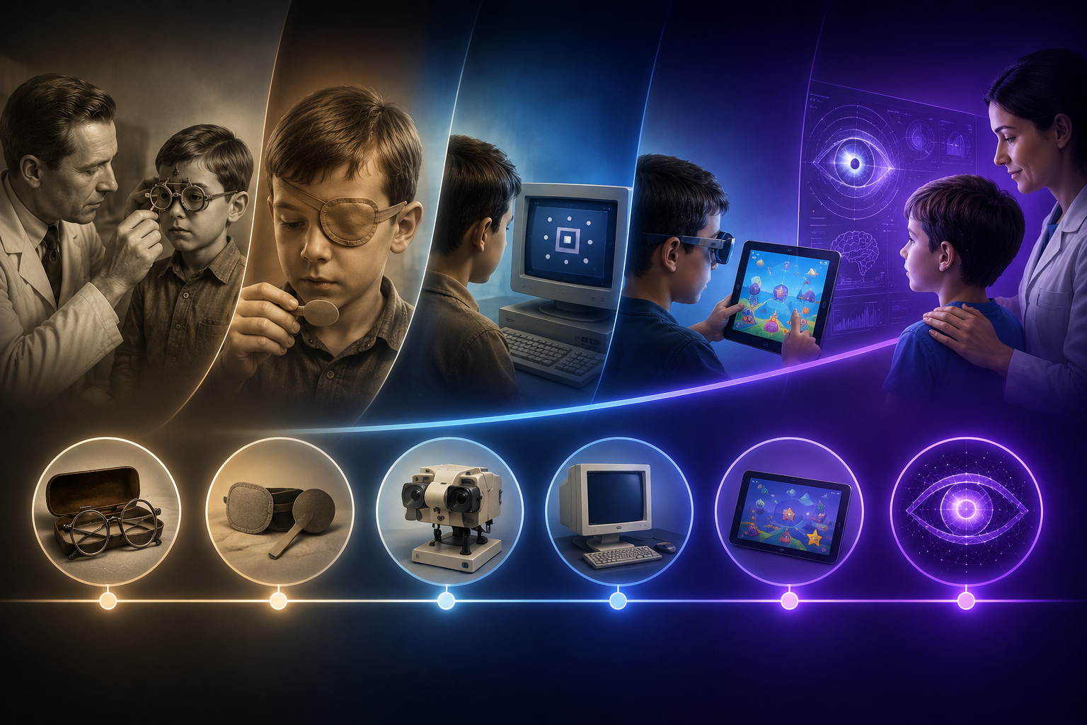 the evolution of amblyopia (lazy eye) treatment, from old-fashioned glasses and eye patches to modern computer therapy, tablet games, and futuristic eye-scanning tech.