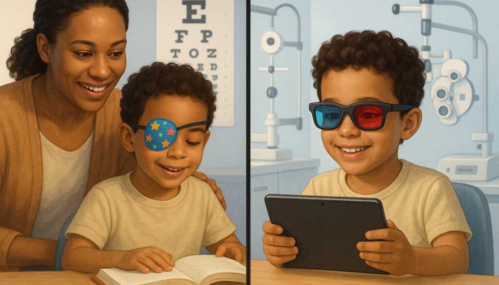 A split image compares part-time patching (a boy with an eye patch reading with his mom) and full-time digital patching (a boy using 3D glasses with a tablet), illustrating different eye patching treatment schedules