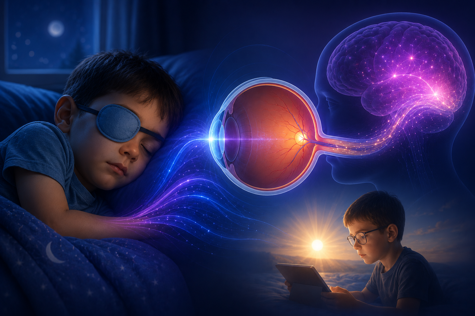 A boy sleeps wearing an eye patch, connected by glowing light to a diagram of the eye and brain, next to another boy using a tablet