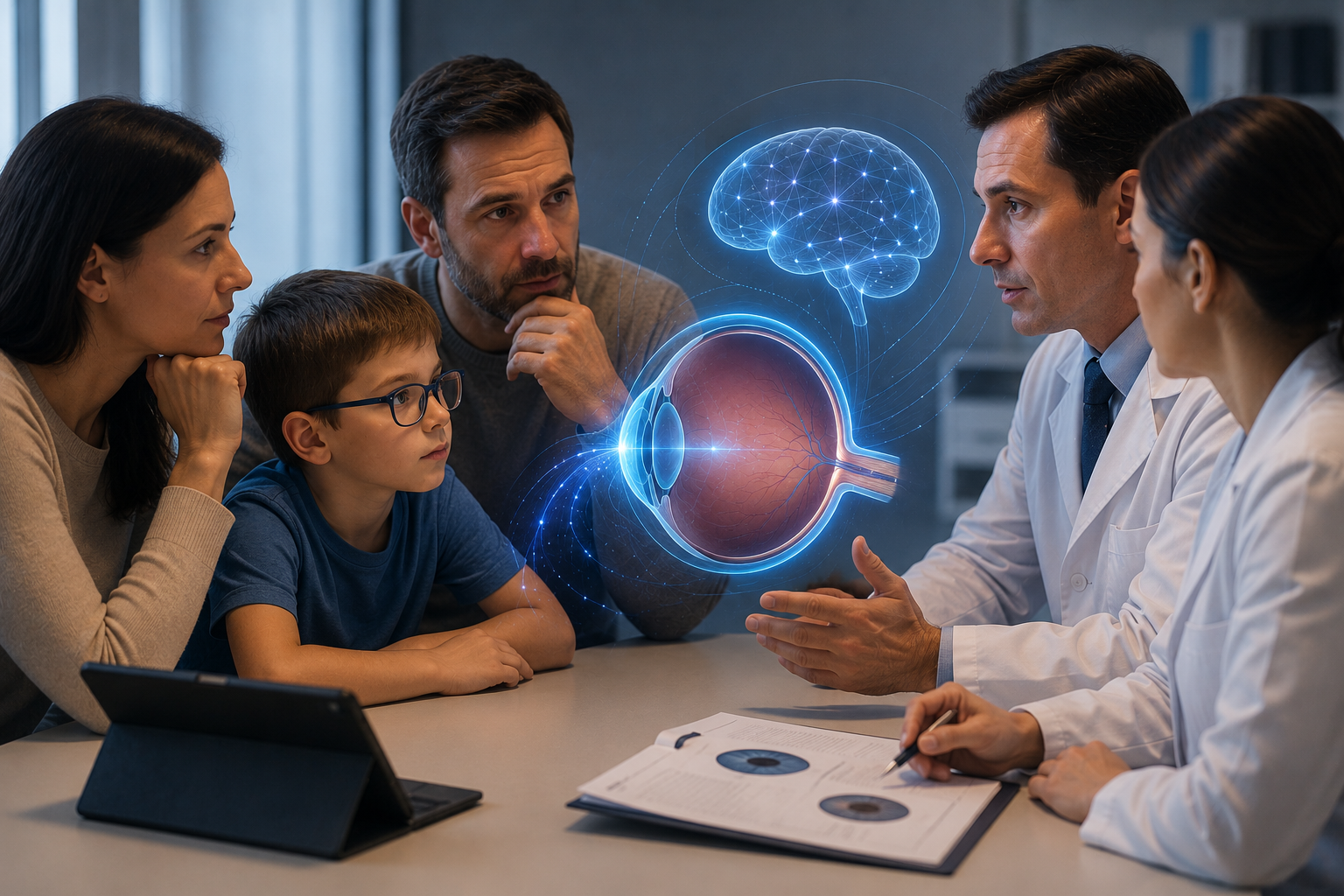 Two doctors explain a boy's eye condition to him and his parents at a table, with a glowing digital diagram of the eye and brain floating between them