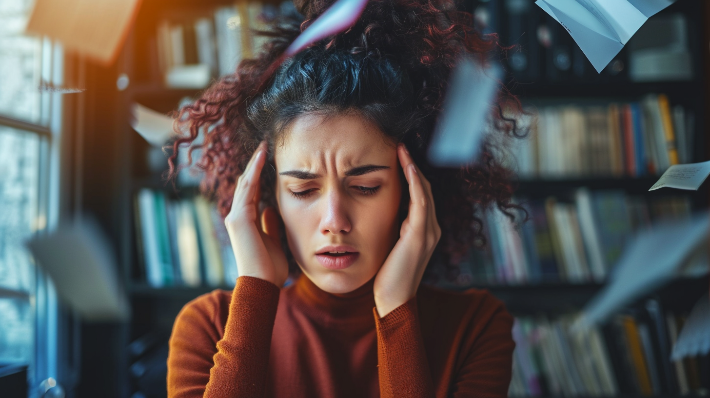 A woman holds her temples with a pained expression as papers fly around her in a library, depicting stress or a headache