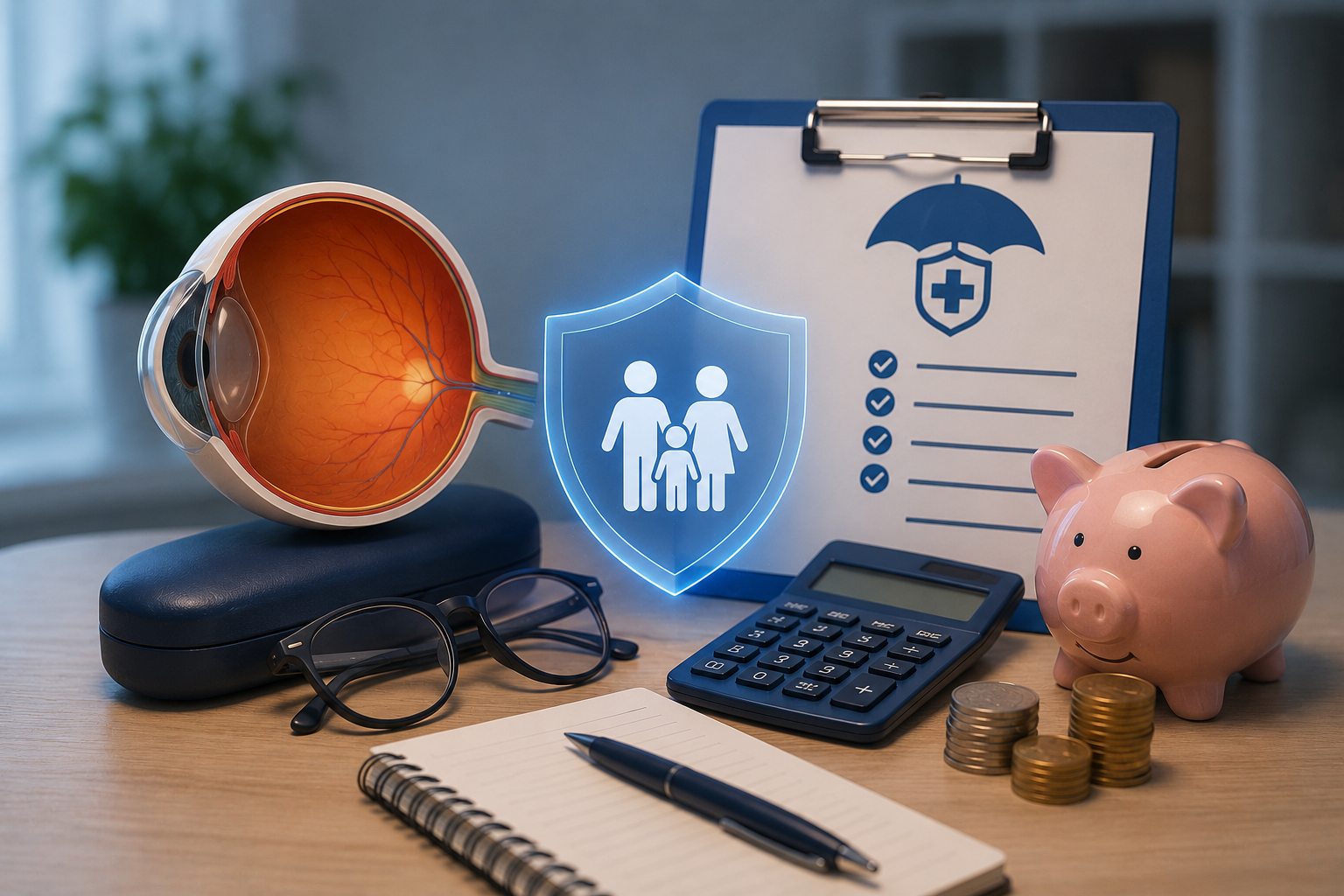 A desk display features an eye model, glasses, a calculator, coins, a piggy bank, and insurance icons, representing the costs and coverage of amblyopia treatment