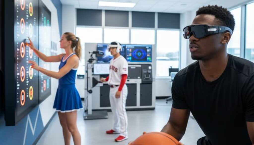 Athletes use vision training tech, a woman touching a lit-up screen, a baseball player wearing a tracking headset, and a man in tinted sports glasses holding a basketball