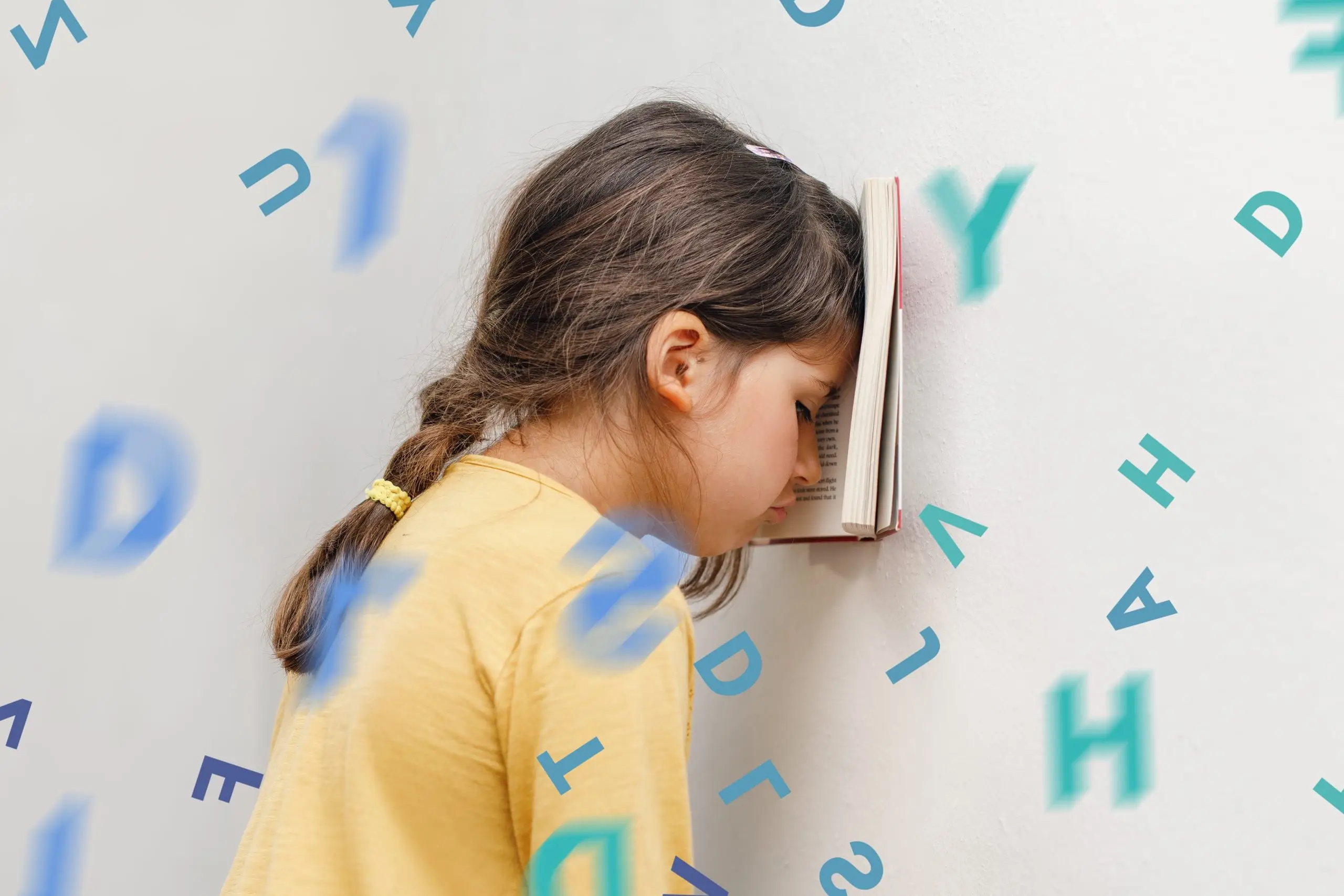 A girl presses her forehead into an open book against a wall, surrounded by scattered, floating letters, representing frustration with reading or learning