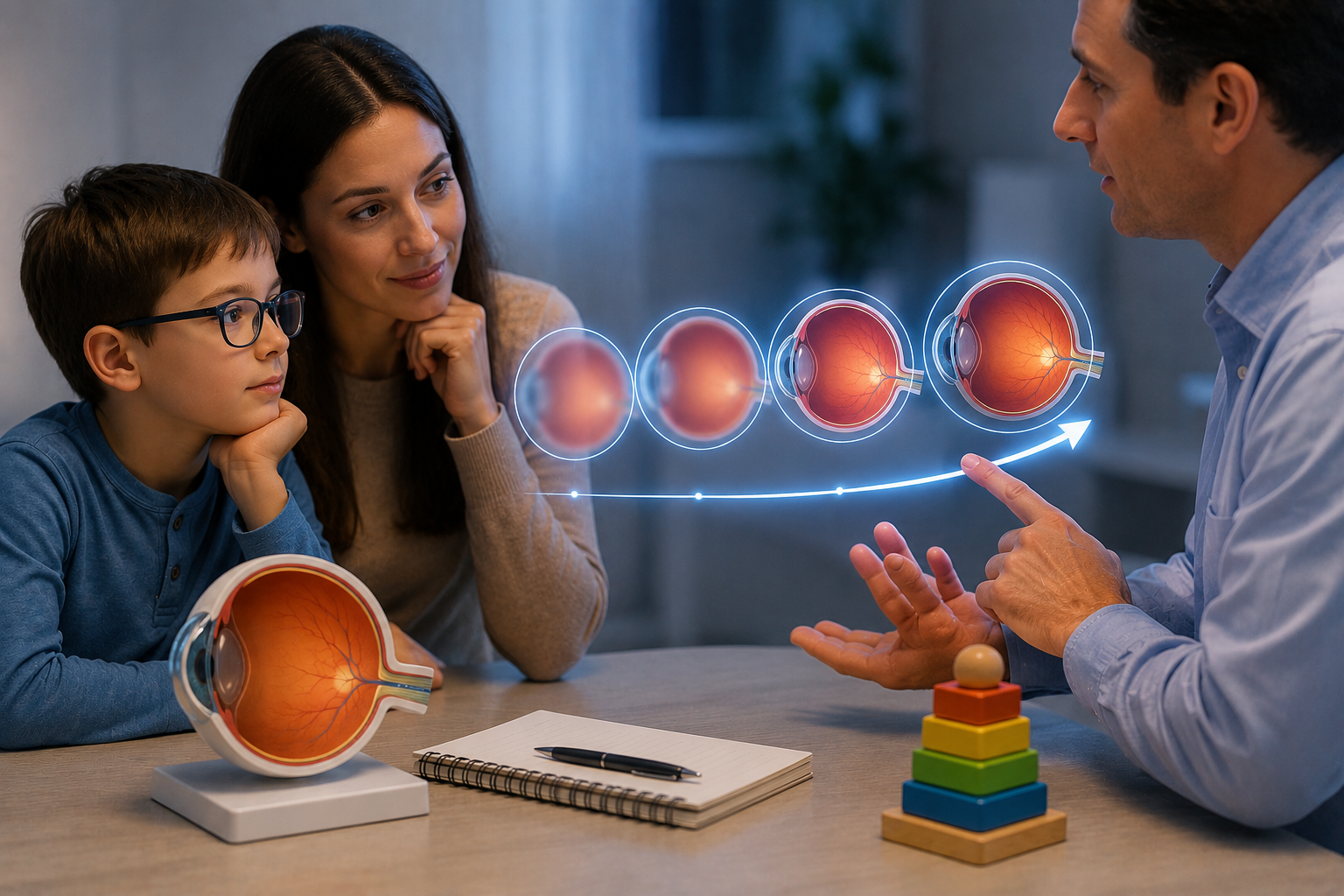 A doctor talks with a mother and her son, who wears glasses, while a diagram shows eye models improving along an upward arrow, next to a 3D eye model on the table