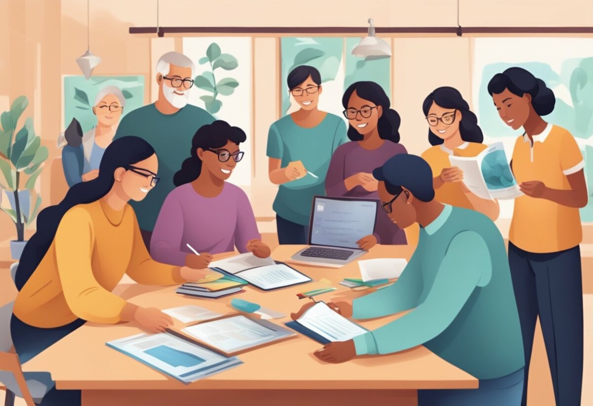 a diverse group of people, many wearing glasses, gathered around a table with papers, laptops, and books, discussing and reading together