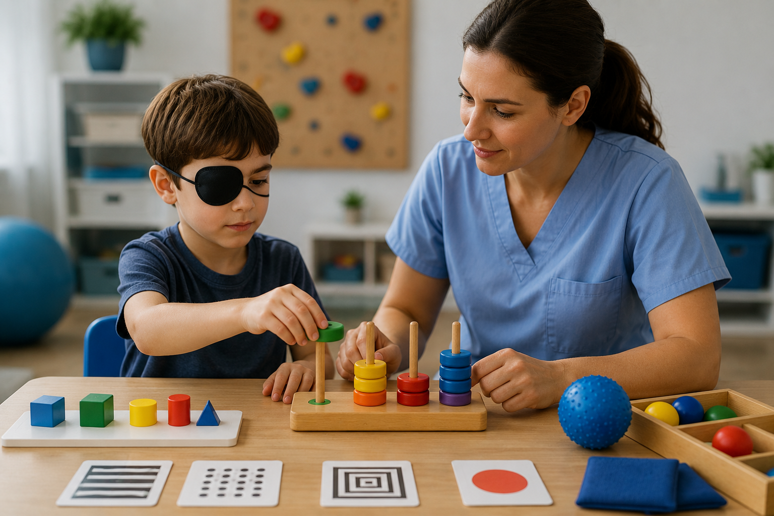 A boy wearing an eye patch plays with colorful stacking rings and shape blocks at a table with a therapist, surrounded by visual training cards and toys