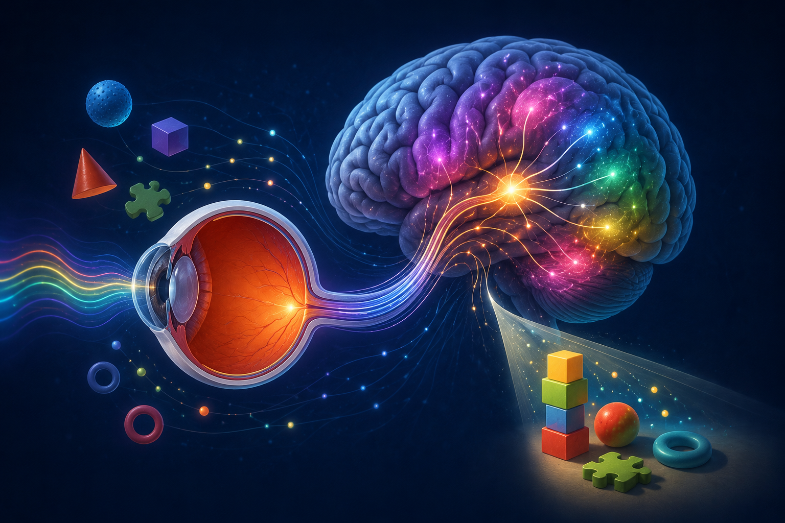 A digital illustration connects a diagram of the eye to a glowing brain with light trails, surrounded by floating shapes and toy blocks