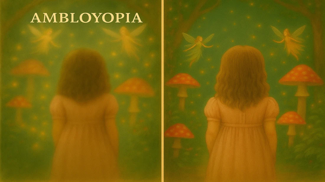 A split illustration titled "Amblyopia" shows the same girl in a fairy tale forest twice, side by side, blurry on the left and sharp on the right, comparing vision with lazy eye to normal vision