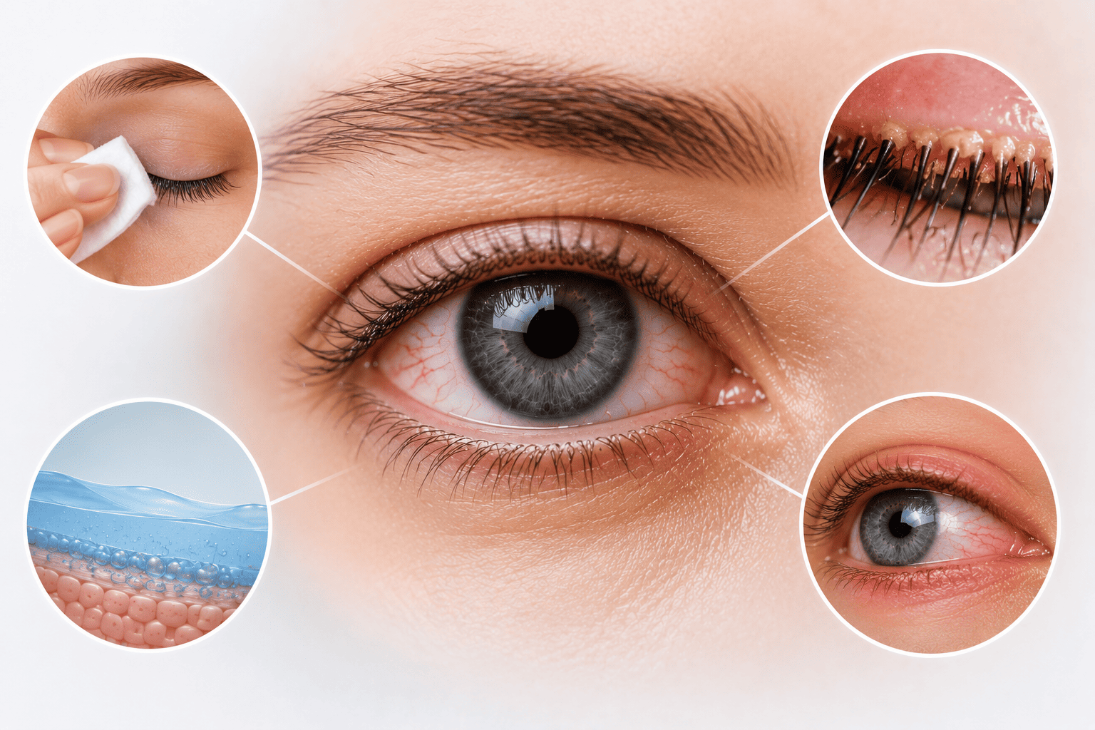 A close-up eye surrounded by circular insets showing eyelid cleaning, eyelash debris, tear film layers, and eye redness