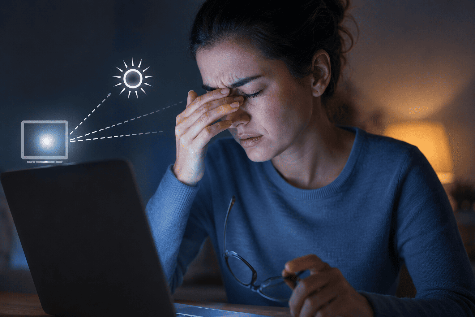 A woman rubbing her eyes while working on her laptop at night, with illustrated light rays showing sensitivity to the screen and lamp glow
