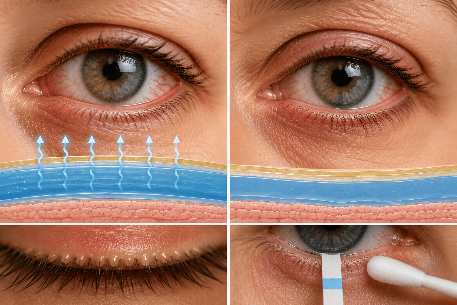 Four close-up eye images showing red, irritated eyes, tear film evaporation, and a diagnostic strip test for dry eye
