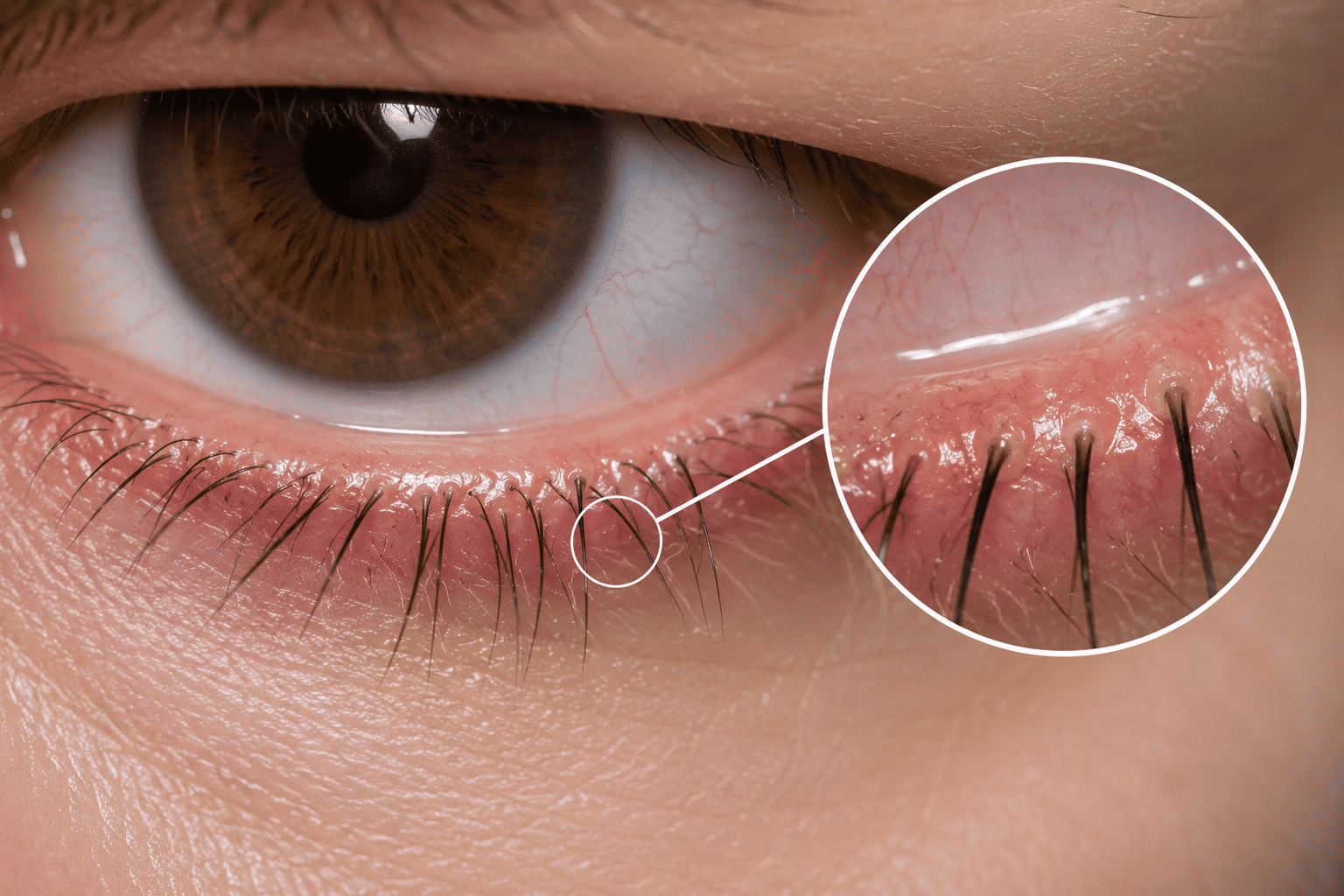 A close-up of a brown eye with a magnified view of debris along the eyelash line