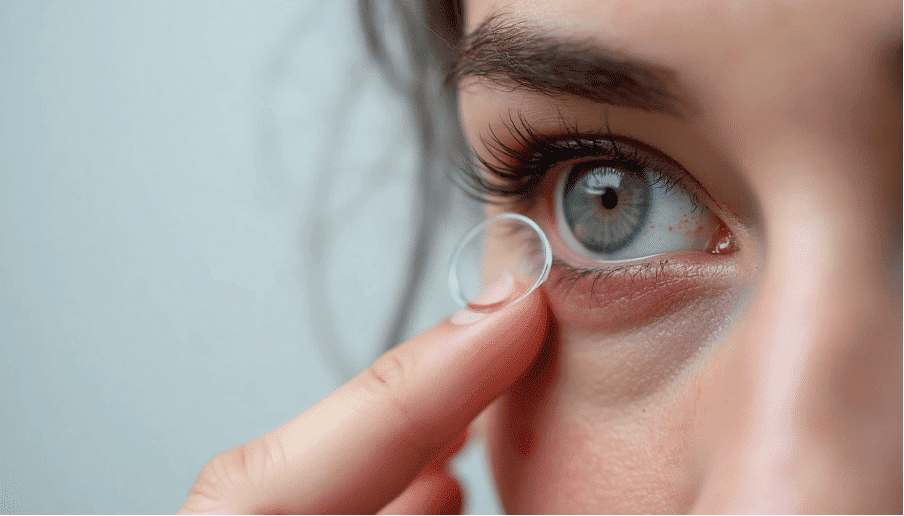 A woman inserting a contact lens into her eye