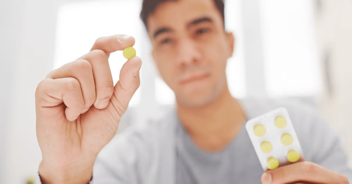 Person holding a yellow pill in focus with a blister pack