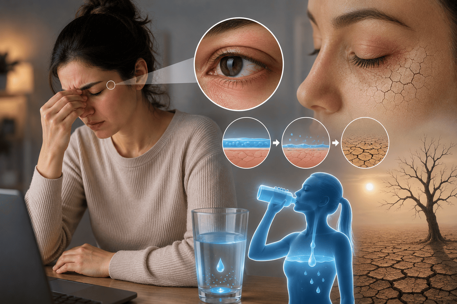 Woman touching her eye with magnified eye inset, tear film progression diagrams showing degradation, silhouette drinking water, dehydrated landscape