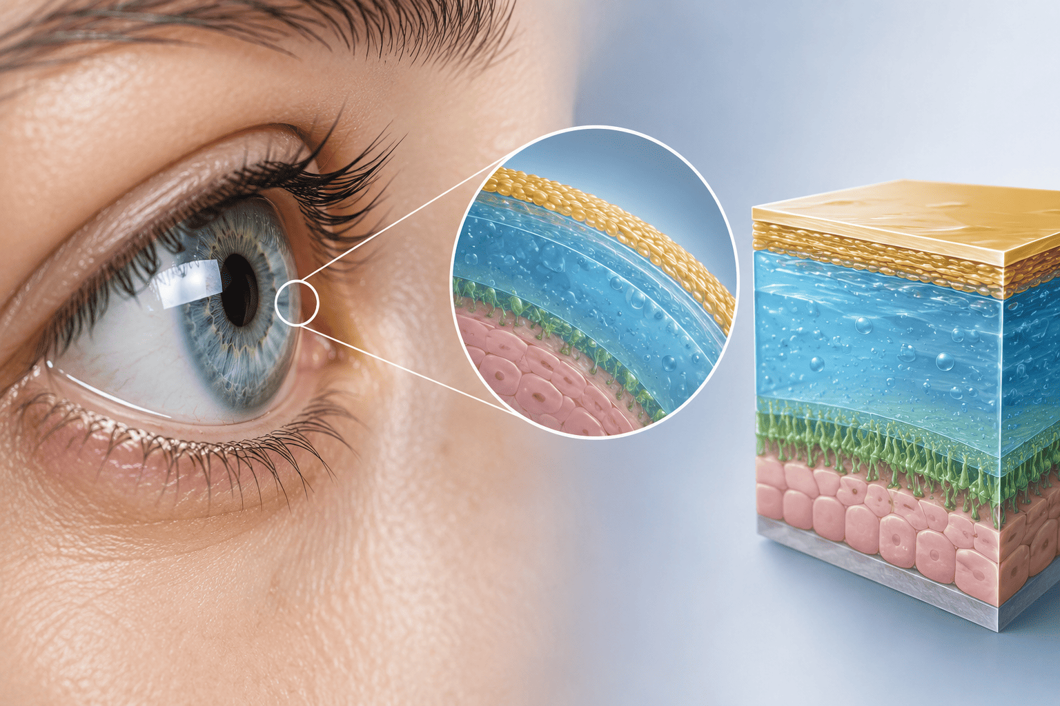 A close-up eye with a magnified view of the tear film's layered structure