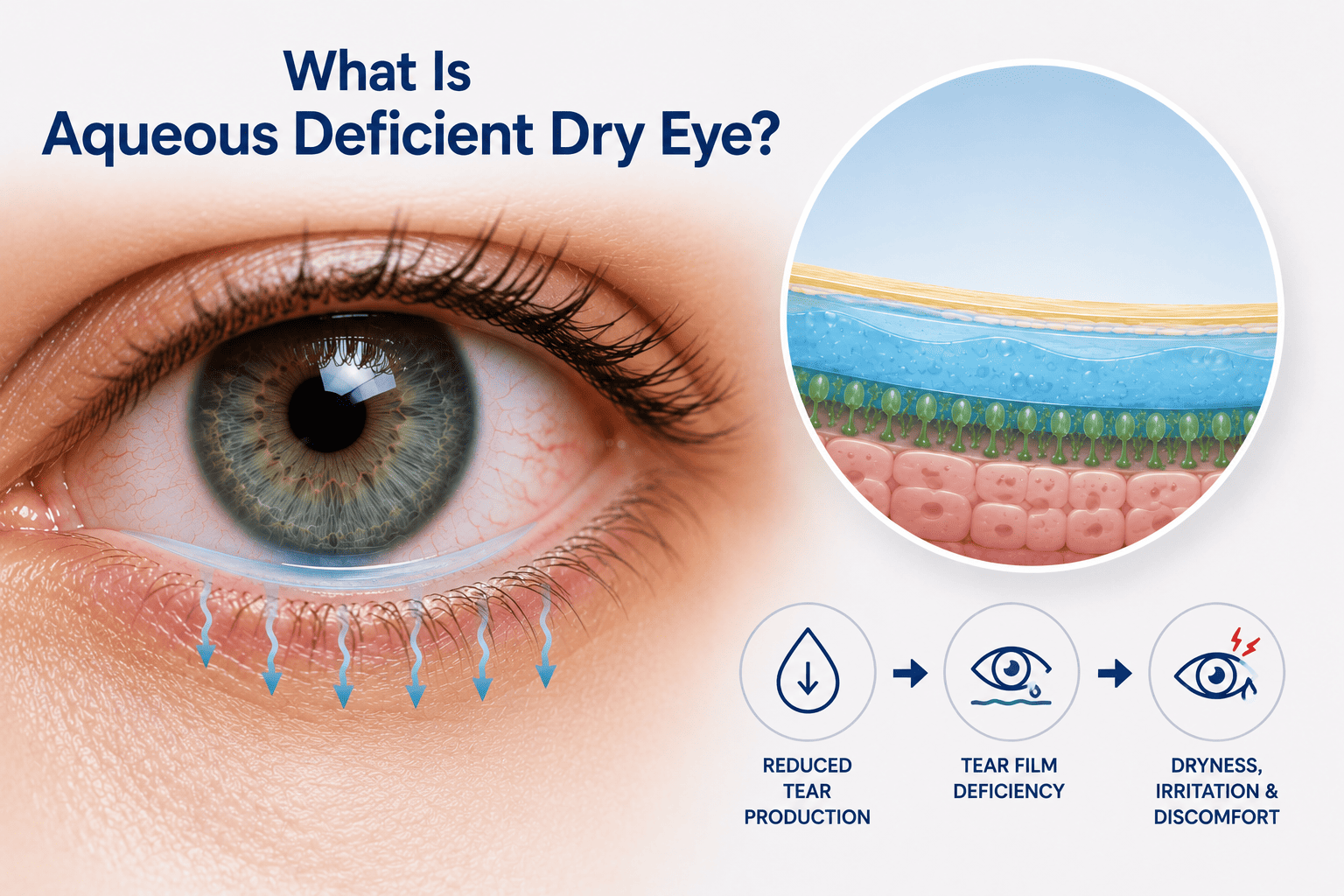 A blue eye with downward arrows showing reduced tear flow, alongside icons illustrating how low tear production leads to dryness and discomfort