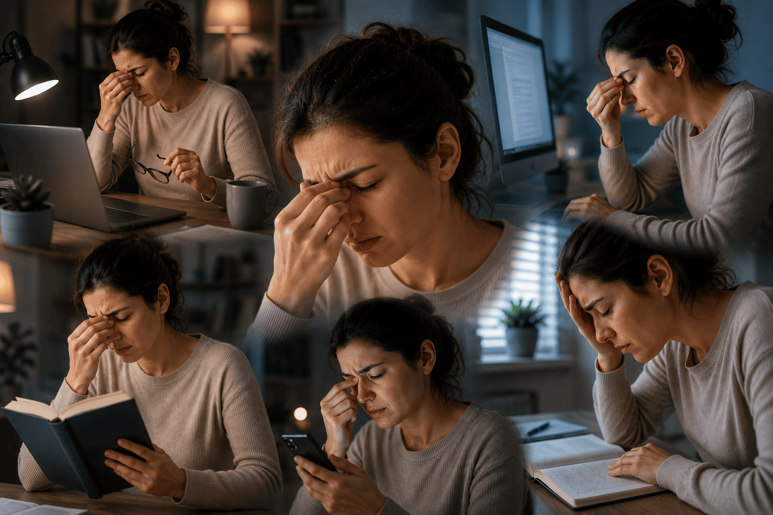 Collage of a woman rubbing her tired eyes across different settings, including working on a laptop, reading a book, using her phone, and studying at a desk
