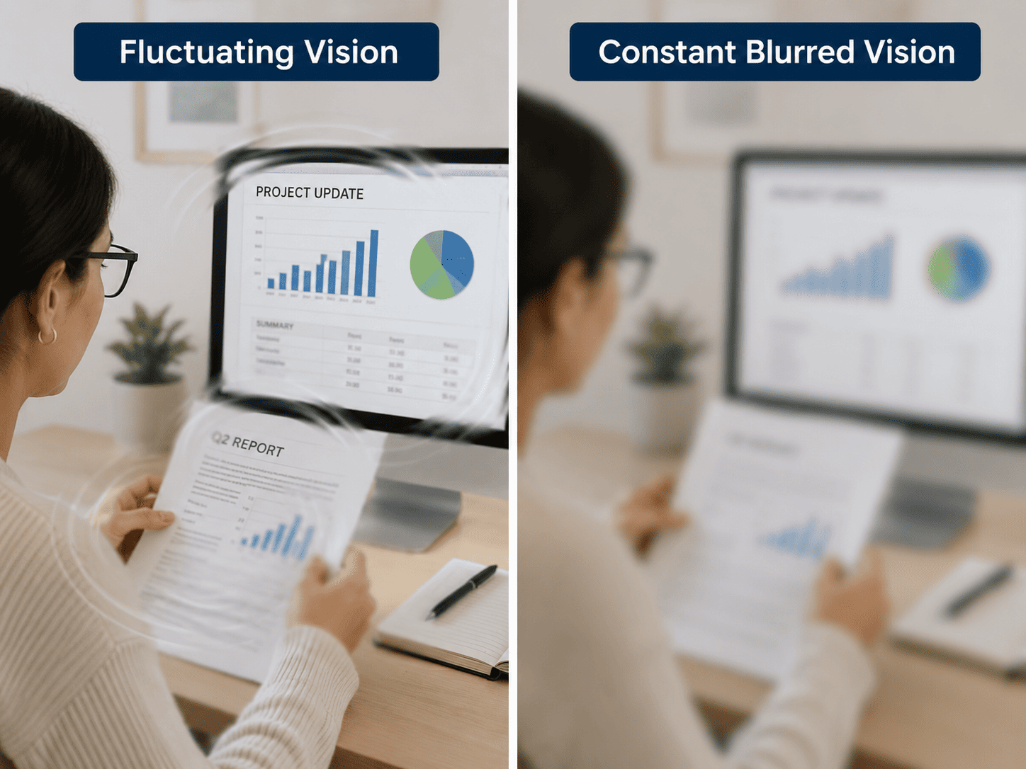 Side-by-side comparison showing fluctuating versus constant blurred vision while reading a report