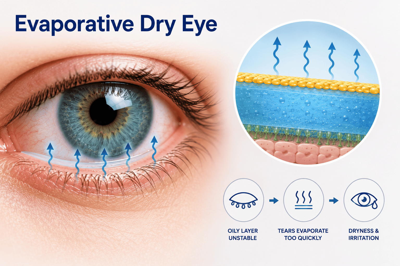 A blue eye with arrows showing tear evaporation, alongside icons illustrating how an unstable oily layer leads to dryness and irritation