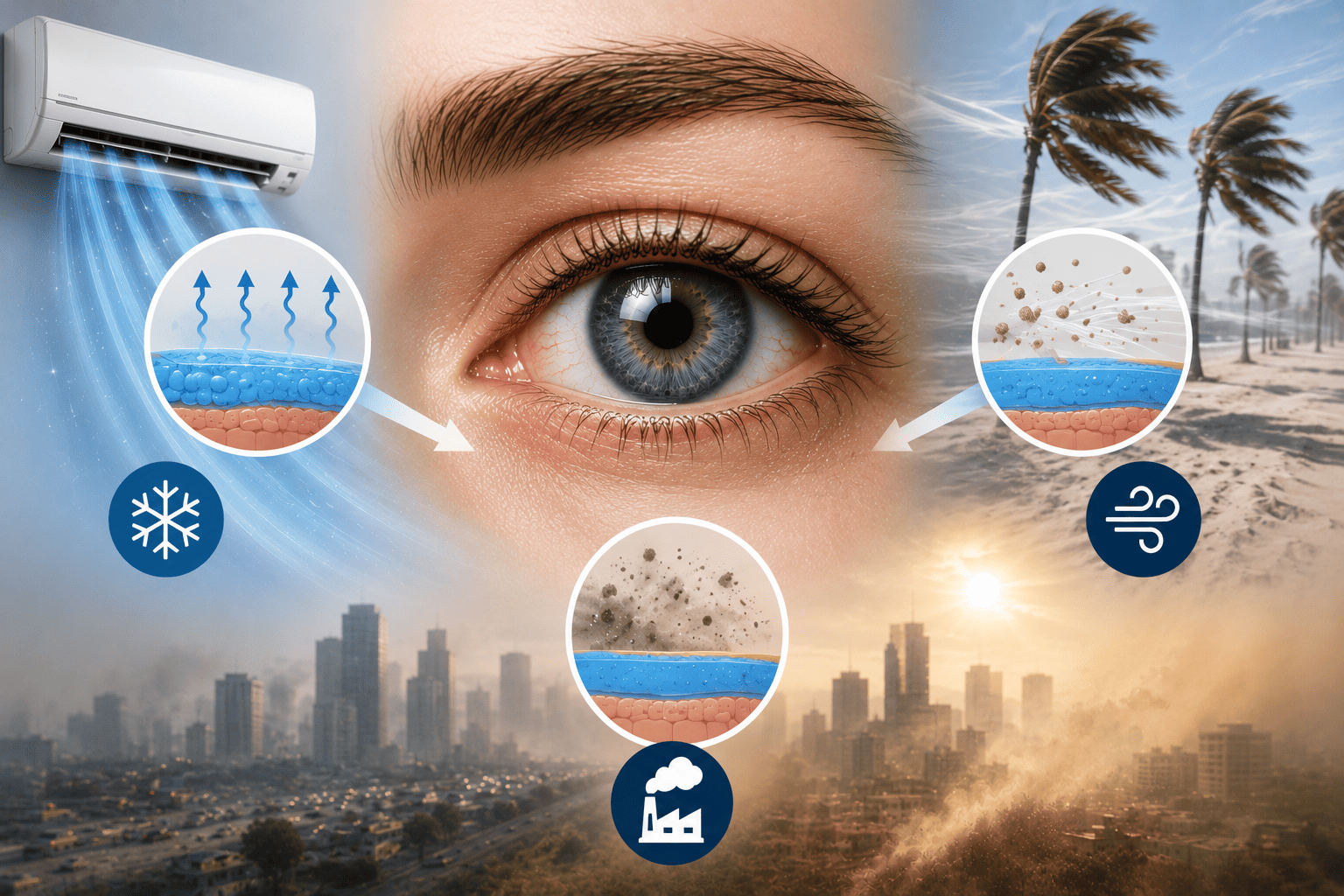 A close-up eye surrounded by icons showing how air conditioning, wind, and dust can affect tear film stability